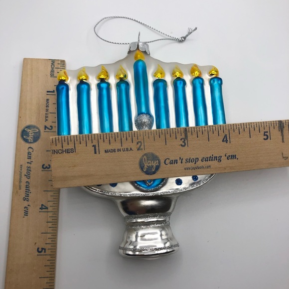 NWOT Noble Blue and Silver Hanukkah Lights Menorah Glass Ornament, 5", - Picture 2 of 12